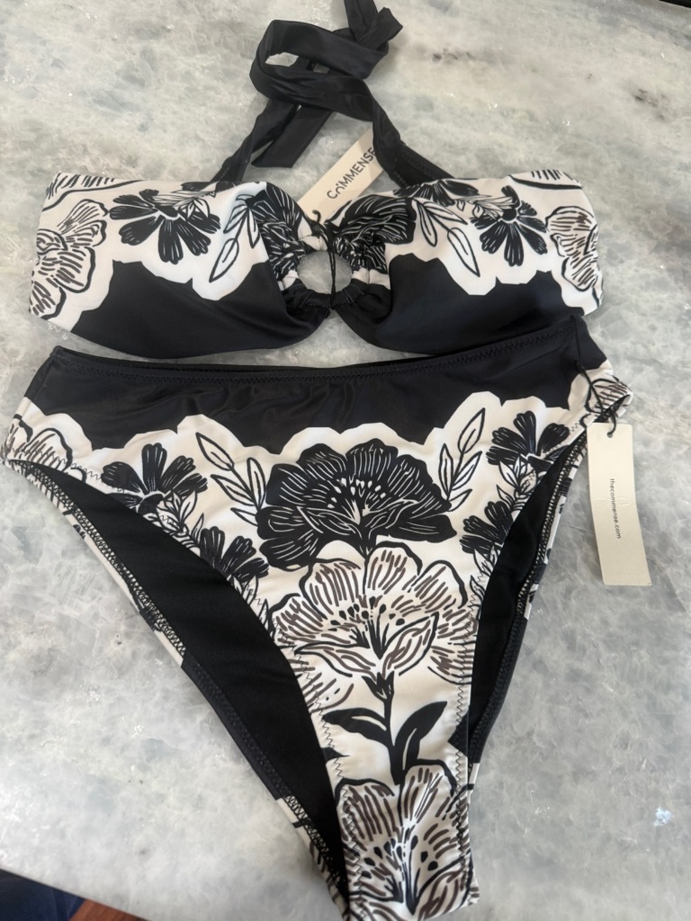 Commense Black and White Floral Cutout Bikini Top
